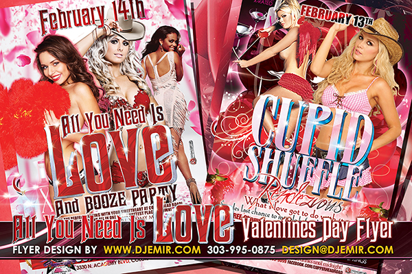 All You Need is Love Valentine's Day Party Flyer Design and Cupid Shuffle Rendezvous Party Flyer Design Copperhead Road Colorado Springs CO with 5 Girls in Red White and Pink Dresses and bikinis and cowboy hats Cupid costume with bow and arrow red hearts rose pedals Love letters