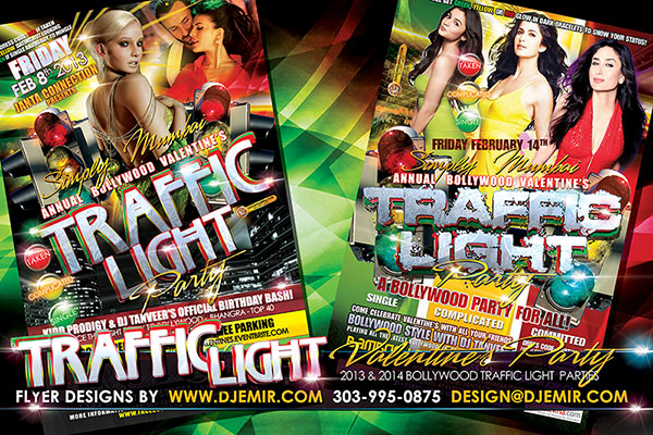 Simply Mumbai Annual Bollywood Valentine's Day Traffic Light Party Flyer Design California with women in Green Yellow And Red Dresses To Indicate Relationship status single and available taken or complicated