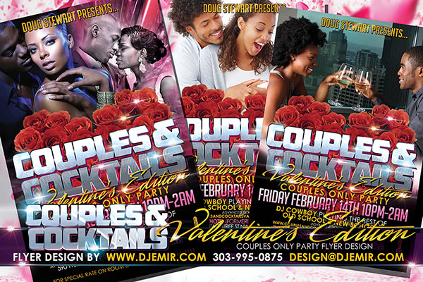 Couples and Cocktails Valentine's Day Edition Flyer design 4 Black Couples enjoying Valentine's Day wine Roses Silver Lettering Invite design