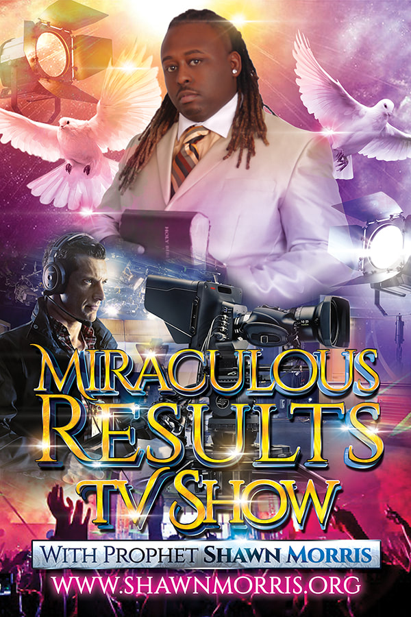 Miraculous Results TV Show with Prophet Shawn Morris Church Flyer Design doves camera lights nebula stars concert people