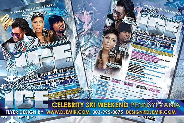 Platinum Ice Celebrity Ski Weekend and Concert event flyer design Pennsylvania featuring 2Chainz, Sommore, and Wale