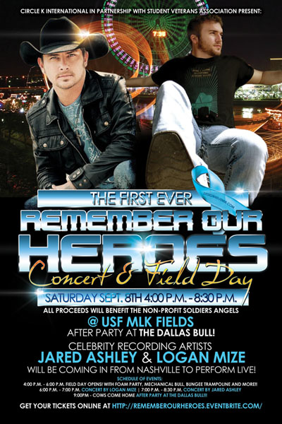 Remember Our Heroes Concert And Field Day Flyer Design featuring Country Recording artists Jared Ashley and Logan Mize from Nashville Tennessee 