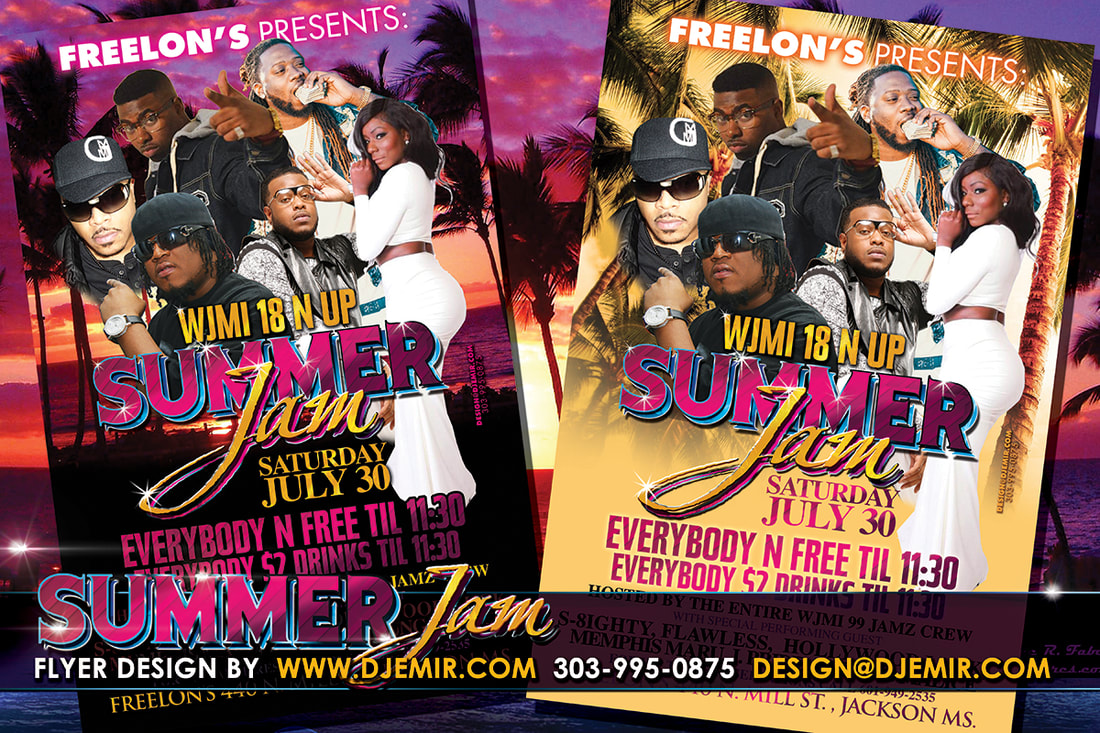 WJMI Radio Station Summer Jam Concert Flyer design with Palm Trees, Sunset and various Music Artists and DJs