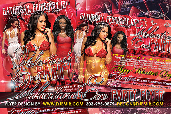 Valentine's Day Eve Flyer design Freelon's Jackson MS six sexy black women in Red and white outfits and bikinis