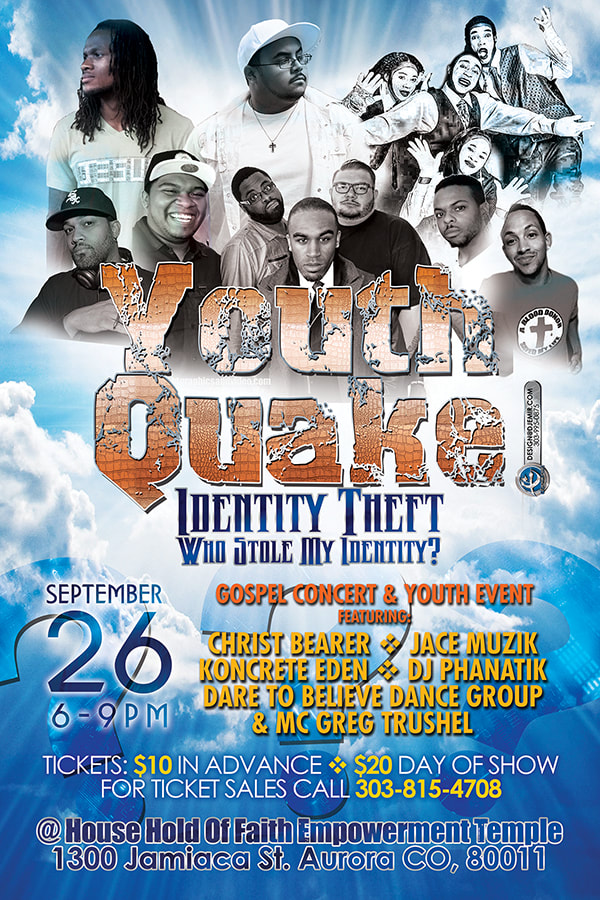Youth Quake Identity Theft Church Seminar and Concert Flyer design Denver Colorado