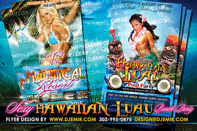 Hawaiian Luau Pool Party Flyer Design with sexy Hawaiian women in bikinis and leis with Tikis totems and gods coconuts  palm trees nautical resort orchids blonde asian