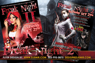 Freak Night 2 Halloween Flyer design with Sexy Nurse Red Riding Hood Wolf red Blood moon haunted house