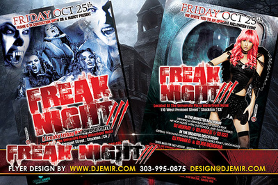 Freak Night 3 Halloween Flyer design with sexy female vampires, dark angel huge eye and haunted house background