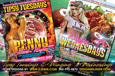 Tipsy Tuesdays Penny Pitcher Night and Winging Wednesdays Wings night flyer designs Copperhead Road Colorado Springs, CO