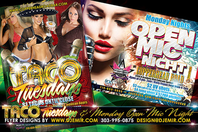 Taco Tuesdays and Open Mic Mondays Flyer designs copperhead Road Colorado Springs CO Woman in mexican hat on mexican flag background woman with margarita cowgirl karaoke night flyer