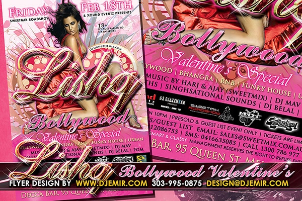 Lishq Bollywood Bhangra Hip Hop Valentine's Day Party Flyer Design for Sweetmix Melbourne, Australia with Woman in Red Dress Heart Red Gold Pink Hearts