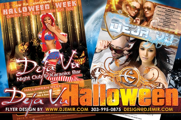 Deja Vu Night Club & Karaoke Bar Ultra Sexy Halloween Weekend Party event calendar featuring DJ Emir flyer design and poster designs