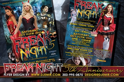 Freak Night 5 Halloween Flyer design California Sexy Red Riding Hood, Zombies, Devil Steampunk, vampires, black jack o'lanterns pumpkins