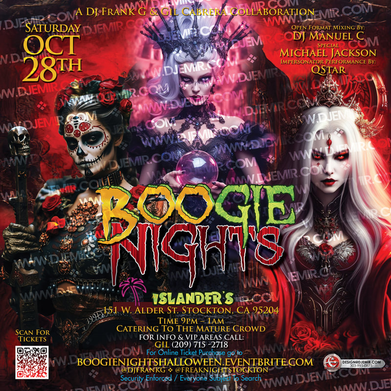 Boogie Nights Halloween Party at Islanders Stockton California Flyer design October zombie Queen witch Back of Flier