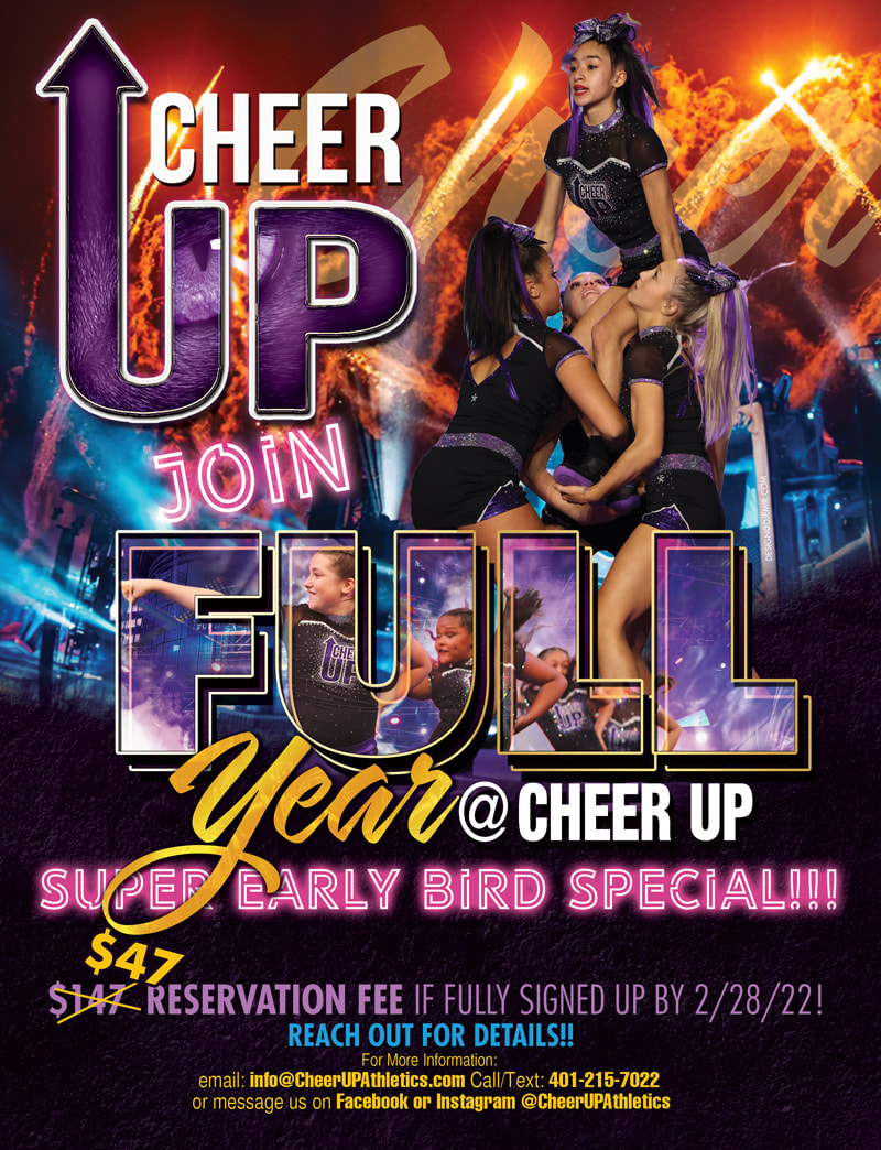 Cheer Up Athletics Cheer Squad Full Year Early Bird Sign Ups Promo Flyer Design By Extreme Flyer Designs Pyrotechnics explosion Cheerleaders Stunt team Stage Lighting 8 Girls