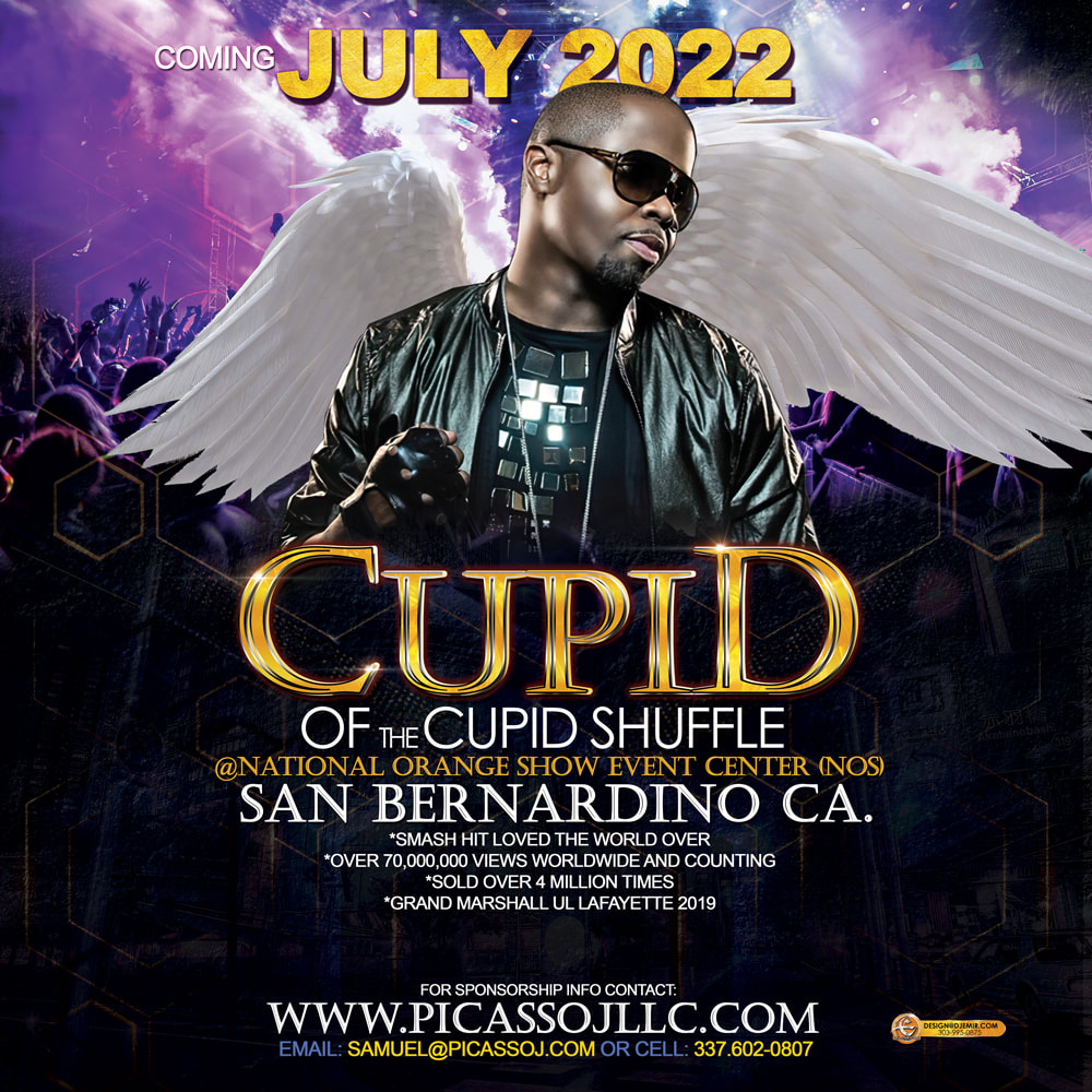 Cupid of Cupid Shuffle Concert With DJ Emir Santana Instagram Teaser Flyer Design and Logo design San Bernardino California July Instagram Poster Design With Angel Wings Hexagon and cityscape background gold and blue purple crowd discoball shirt jacket sunglassesPicture