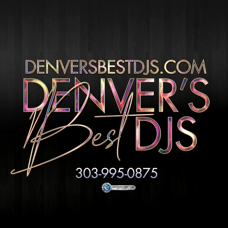 Denver's best DJs Logo Design Redesign Swirled Rainbow Metalic Finish Lettering on Dark Grey Wood Flooring background