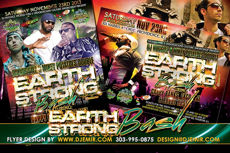 DJ Nuggiez And Mikey Potato's Double Earth Strong Bash Birthday Party Flyer Design Featuring Gappy Ranks, Exco Levi And Bobby Hustle