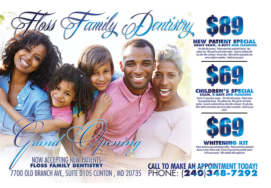 Floss Family dentistry Grand Opening New patient Special Flyer Design and Postcard Mailer Design Maryland 3 Generation Family Smiling African American hugging each other