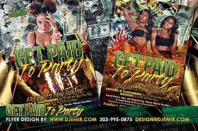 Get Paid To Party nightclub hiring day Career and Job fair flyer design Money in the air bartenders gogo dancers