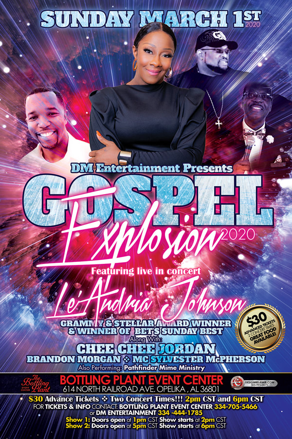 Amazing Flyer design DM Entertainment Gospel Explosion 2020 Flyer design featuring BET and Grammy award Winner Le'Andria Johnson