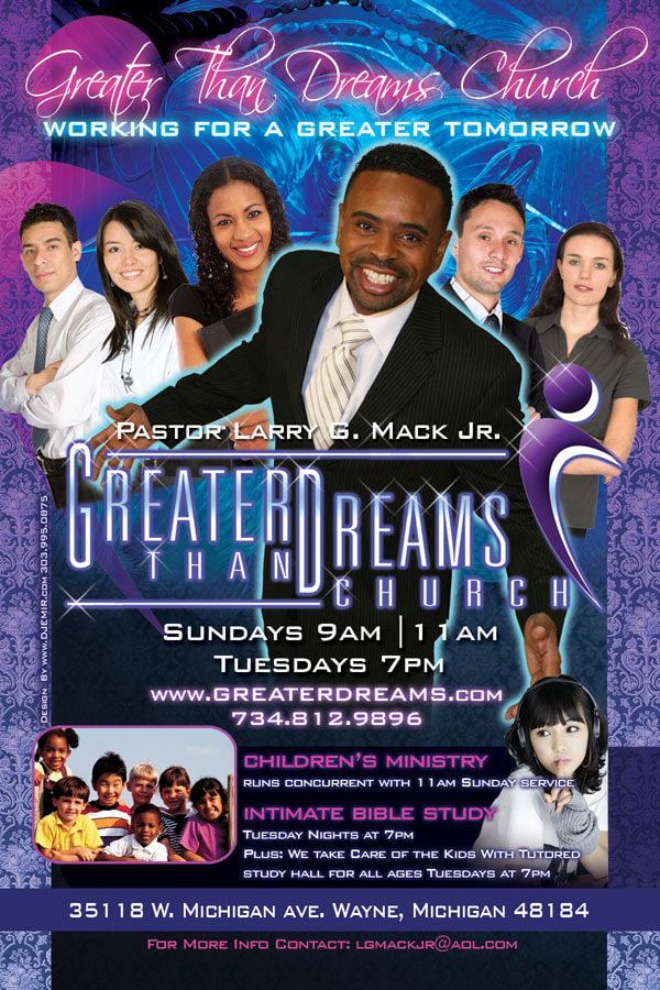 Greater Than Dreams Church Michigan Children's Ministry Flyer design with Pastor Larry G. Mack Jr. Back of Flyer