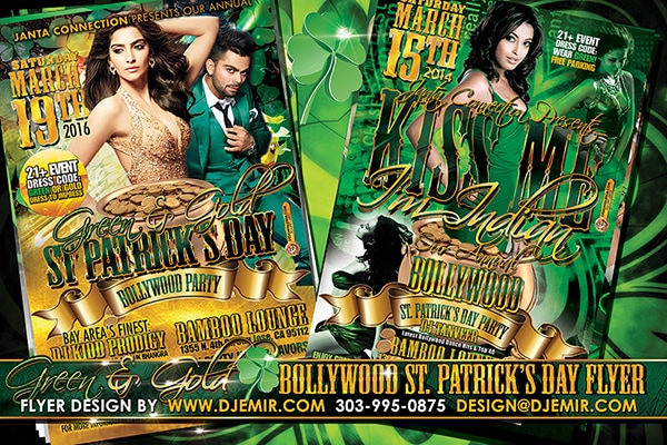 Green And Gold Bollywood St. Patrick's Day Party Flyer Design Bamboo Lounge San Jose California
