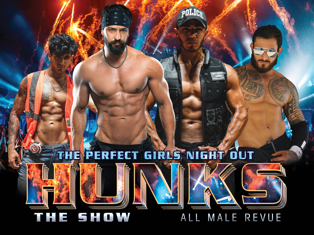 Hunks The Show All Male Revue Postcard and Table Flyer Design Four Hunks Construction Worker Police Bandana and Sunglasses