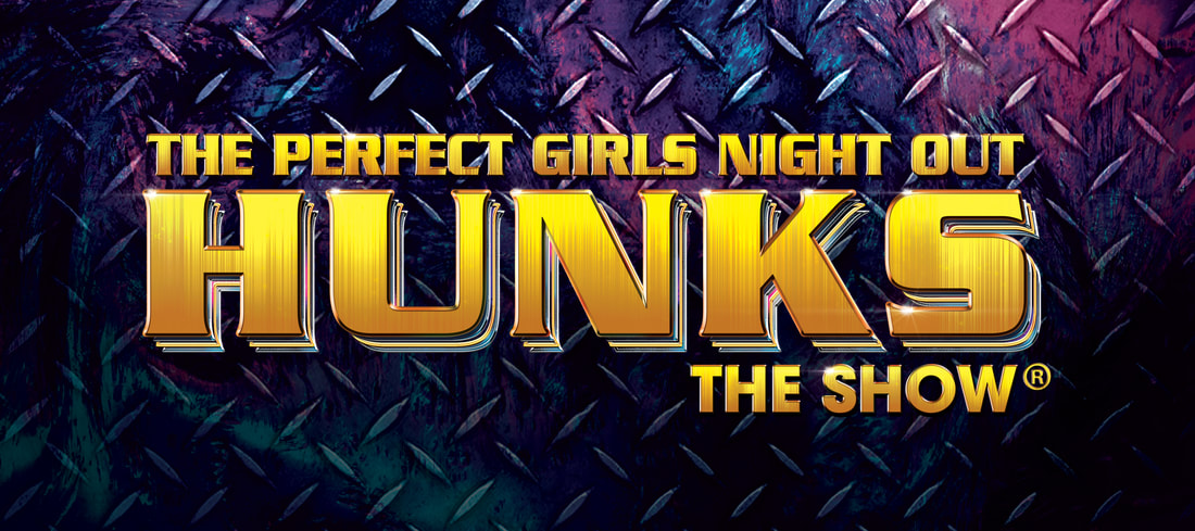 Hunks The Show Logo Design Gold Edition on Purple Diamond Plate Grunge Background the perfect Girls Night Out