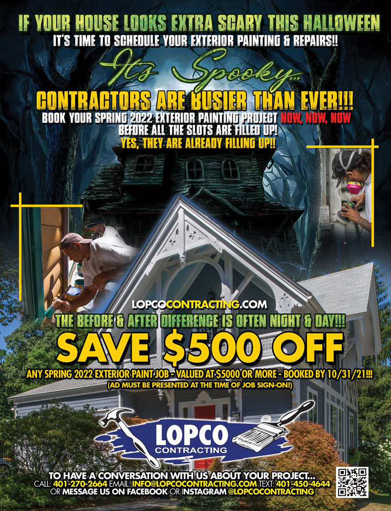 If Your House Looks Scary This Halloween It's Time to Schedule Your Exterior Painting And repairs October Magazine Advertisement flyer design for LOPCO contracting featuring haunted house fixed house painters contractors and people fixing a house