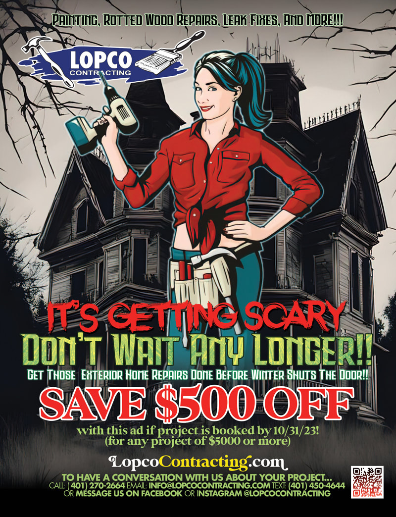 Lopco Contracting October Halloween Ad Flyer Design It's Getting Scary Out There Get your Exterior Home Repairs And Painting Done Before Winter Bites Haunted house Vintage Ad