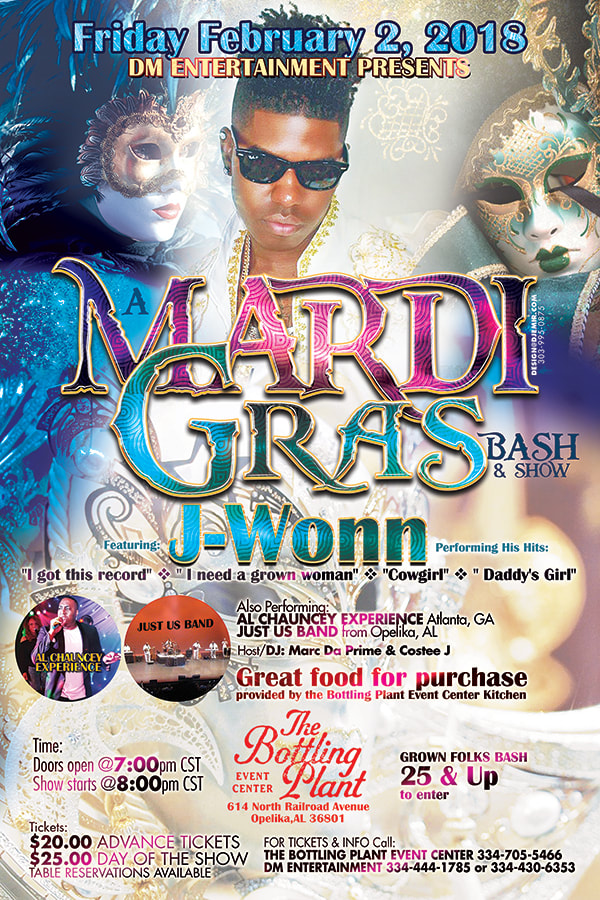 Mardi Gras Bash Show Flyer Design Poster featuring J-Won, Carnival Masks, beads, Purple and Blue font lettering Al Chauncy Experience, Just Us Band, DJ Marc da Prime And Costee J Opelika, AL 