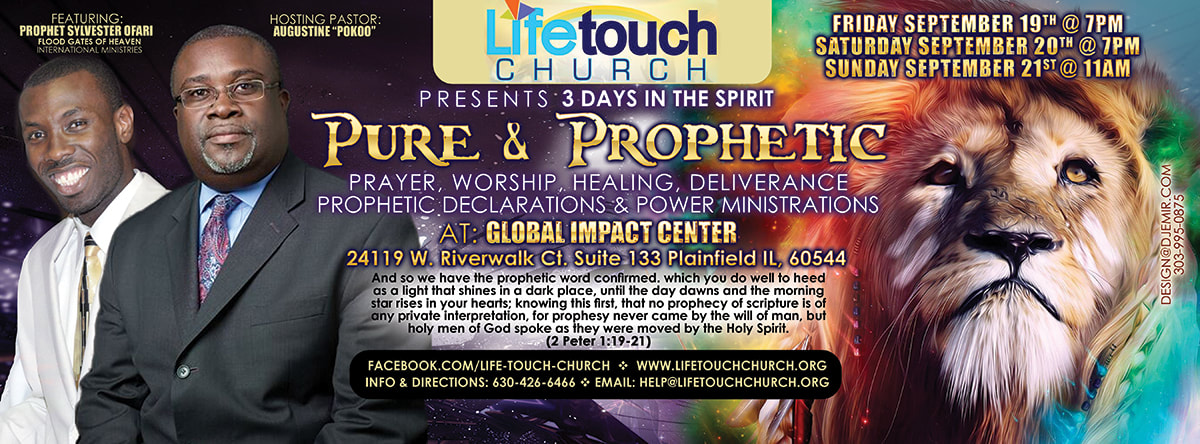 Lifetouch Church Pure and Prophetic Event with Prophet Sylvester Ofari and Pastor Augustine Pokoo at the Global Impact Center Event Flyer and Facebook Banner design