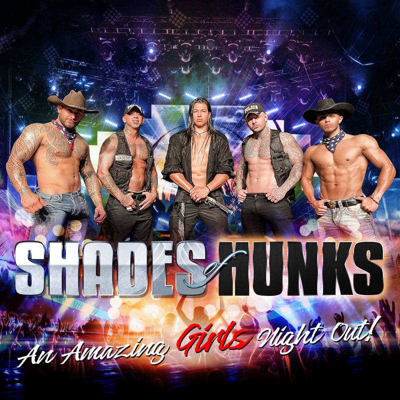 Shades of Hunks An Amazing Girl's Night Out Instagram Flyer Design 2023 5 Hunks Cowboy Policeman Pirate Crowd Girls going wild stageshow