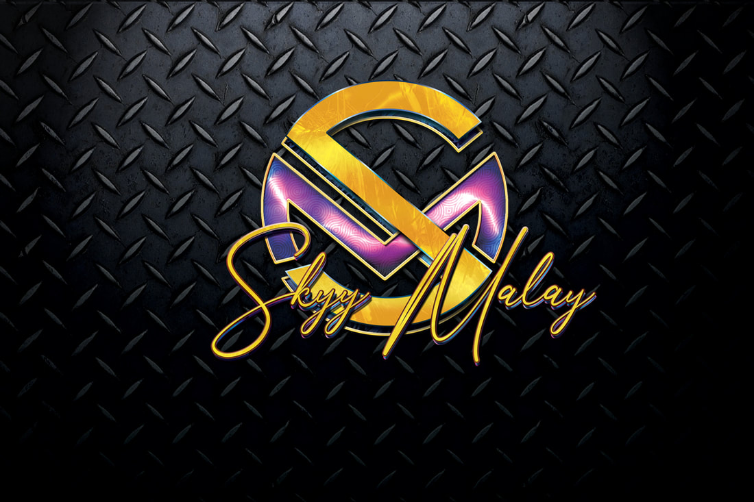 Skyy Malay Logo Design With Gold And Blue Purple Pink Rainbow Metallic Monogram and Signature Logo On Black Diamond Plate Background