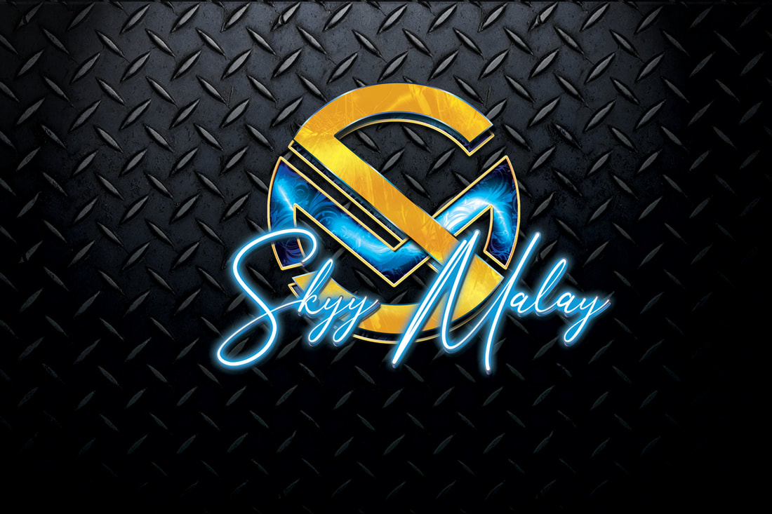 Skyy Malay Logo Design in Gold and Blue with Neon Blue Lettering by Extreme Flyer Designs And Logos on Black Diamond Plate Background