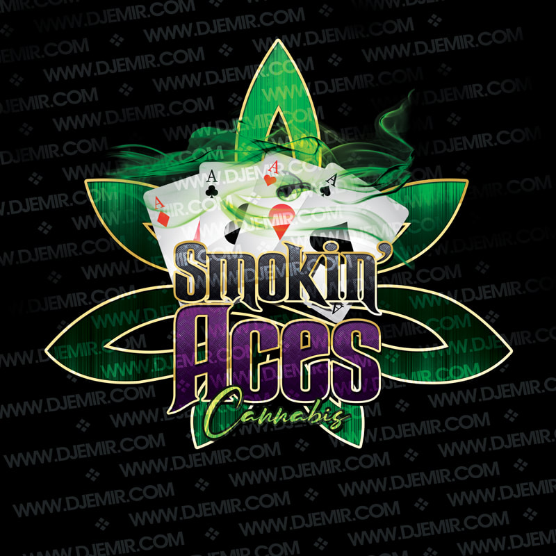 Stunning Logo design for Smokin' Aces Cannabis Dispensary logo art with 4 Aces Spade, heart, Diamond Club in Green smoke with Black and Purple with Gold Trim Lettering over a Metallic Green and Gold Trimmed Abstract Marijuana Plant Leaf Designed on black background