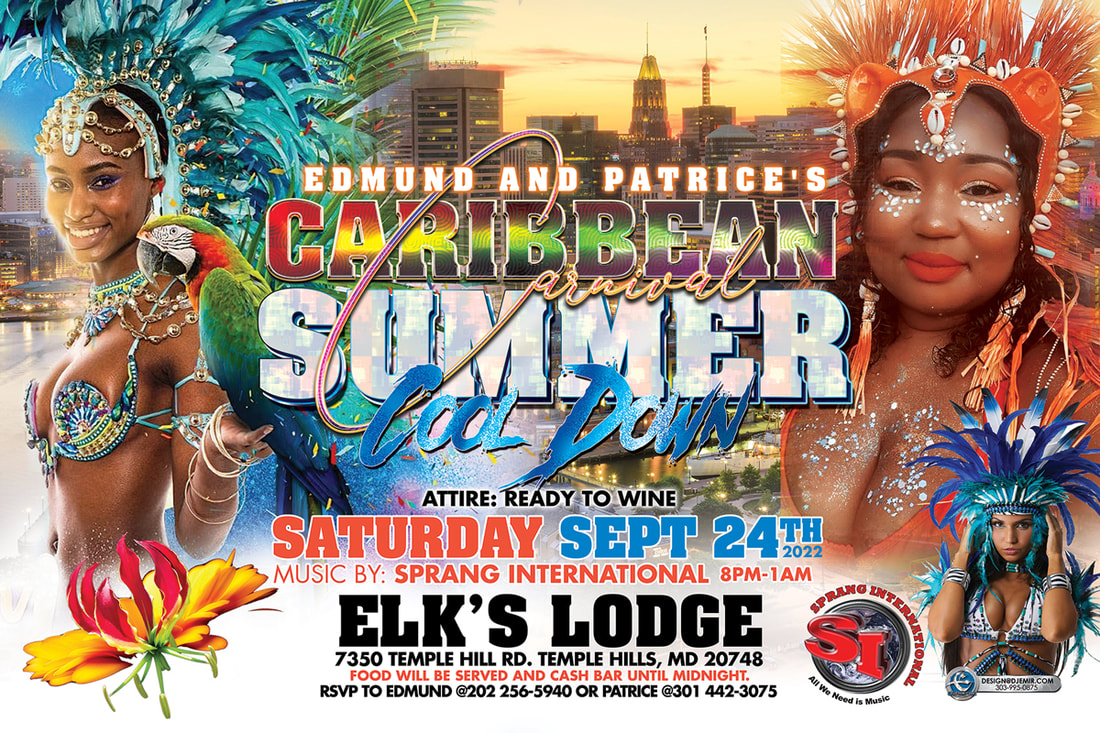 Caribbean Carnival Summer Cool Down Party Flyer design Elk's Lodge Temple Hills, Maryland women in samba feather carnival outfits with macaw parrot bikini tops DJ Sprang International