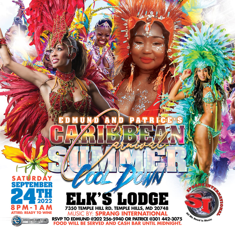 Caribbean Carnival Summer Cool Down End of Summer Party Flyer design at elks lodge DJ sprang international 5 Women in Carnival Samba feather Outfits