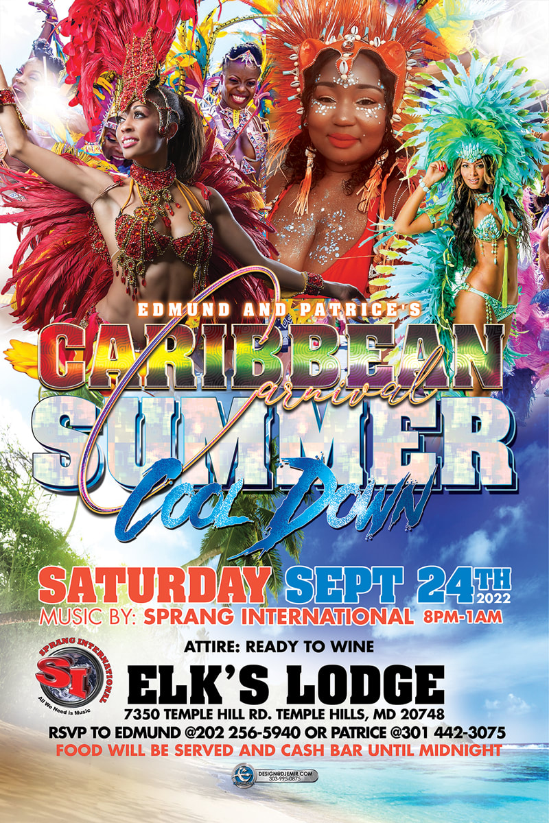 Caribbean Carnival Summer Cool Down Party Flyer design and Poster Elk's Lodge Temple Hills, Maryland women in samba feather carnival outfits with macaw parrot bikini tops DJ Sprang International