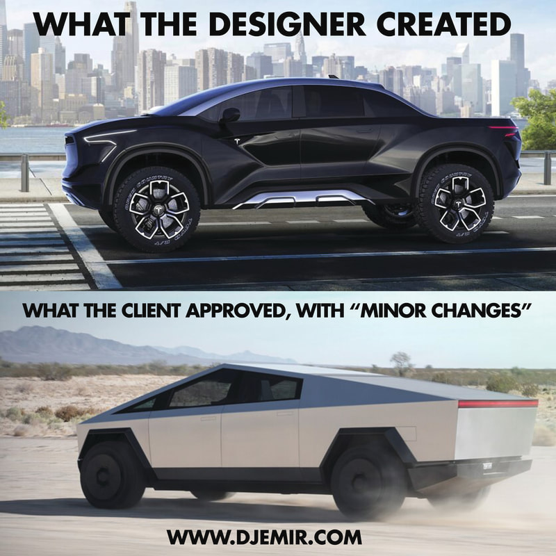 Tesla Cybertruck concept vs reality what the designer created versus what the client approved with minor changes and revisions meme