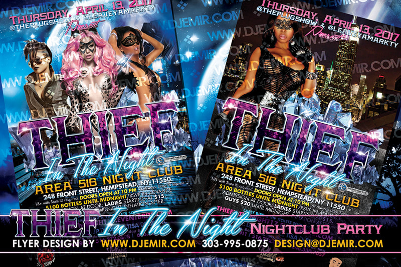 Thief in the Night Themed Nightclub Party Flyer design with Mardi Gras Masks and Cat Burglar masks