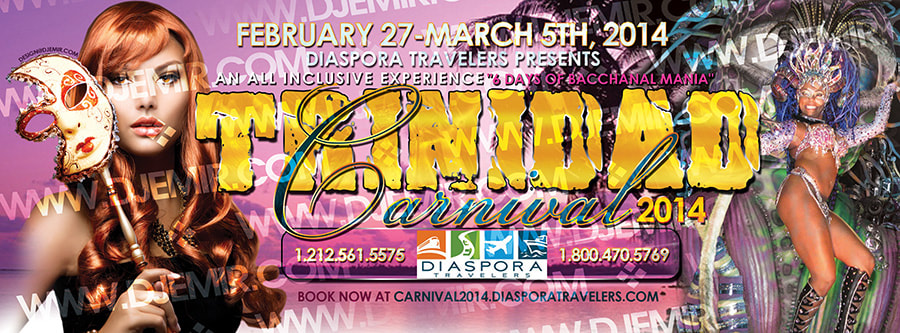 Trinidad Carnival festival Flyer design and Banner Design 2014 with girls in masquerade masks samba outfits on purple sunset palm trees beach background