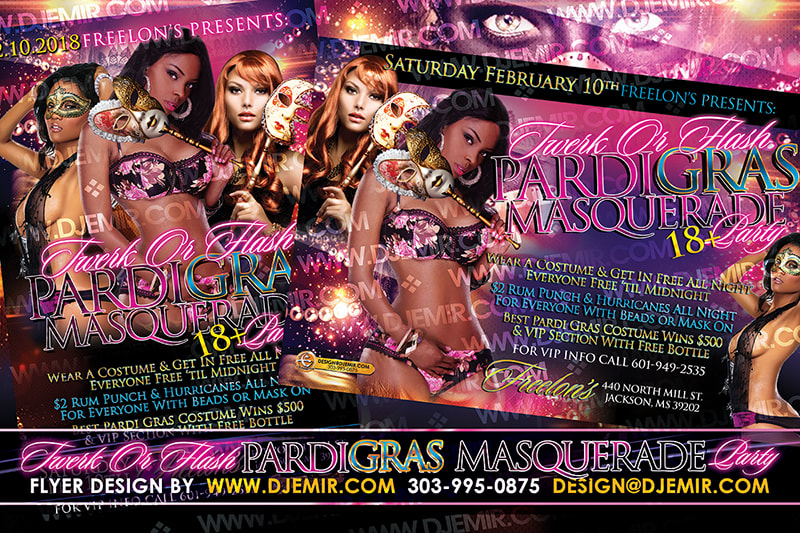 Pardi Gras Twerk Or Flash Mardi Gras Masquerade Party Flyer design featuring women in masks and with hand held masks lingerie and beads purple background with lights