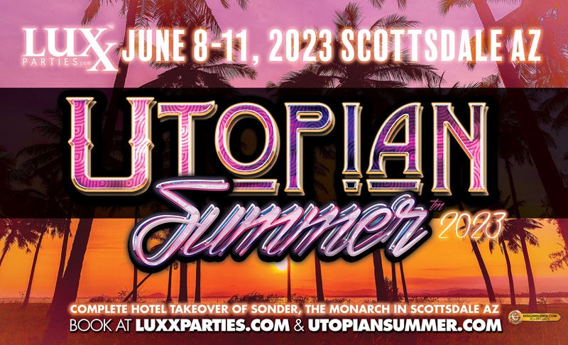 Luxx Parties Utopian Summer 2023 Party Series Scottsdale Arizona Sunset Palm Trees Banner Design