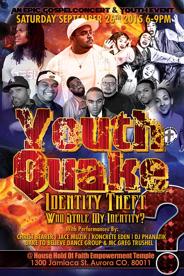 Youth Quake Identity Theft Church Seminar and Concert Flyer design Back Denver Colorado Flyer Back
