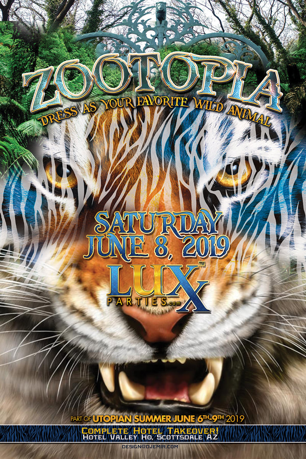Zootopia Party Flyer Design Part of the Utopian Summer Parties 2019 Tiger Stripes Blue and Gold Zoo Gate Trees Dress as Favorite Wild Animal